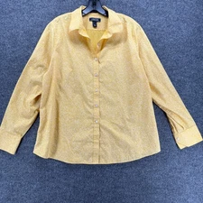 Lands End Shirt Womens 16 Yellow Floral Button Up Non Iron Supima Cotton Casual
