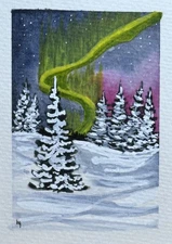 ACEO Original, Winter Scene Northern Lights Mini Watercolor Painting, B.Gauthier