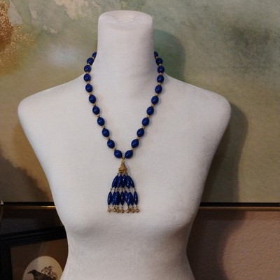 Crown Trifari Blue Bead Gold Clasp Necklace
