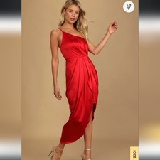 NWT LULU'S Law of Attraction Satin One Shoulder Asymmetrical Midi Dress XS Red