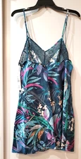 Linea Donatella Women's Printed Satin Lace-Trim Chemise - Turquoise Size Large
