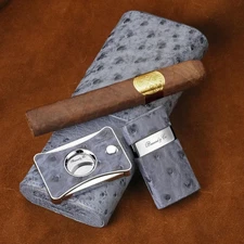 Brizard American Blue Jeans Ostrich Cigar Case, Cutter and Venezia Lighter  NIB