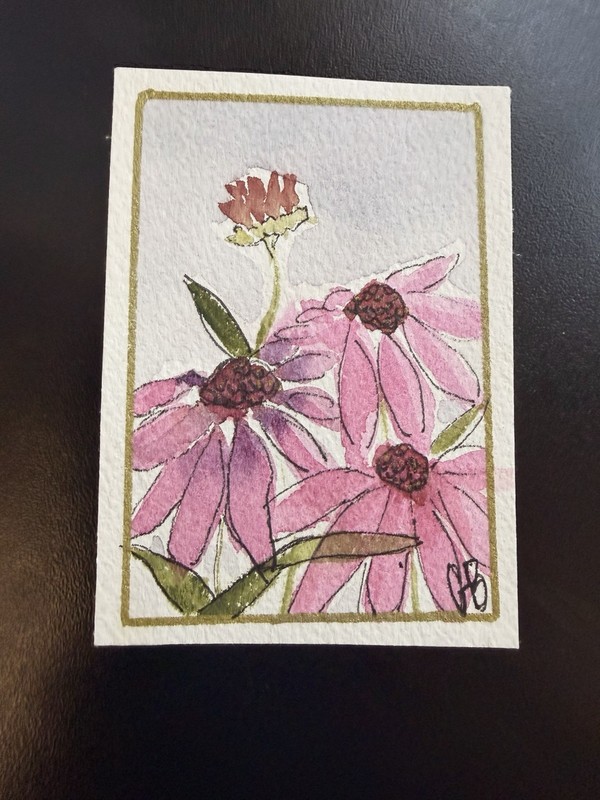 ACEO watercolor_with_g Purple Cone fllowers Gold Trim, OOAK Echinacea ATC