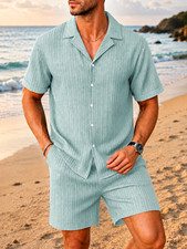 Men?s Green Ribbed Striped 2pc Shorts Set, Collared Button-Up Shirt, S