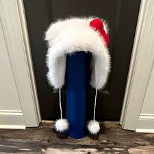 Hello Kitty White Faux Fur Trapper Hat Ear Flaps Pom-Poms Red Bow One Size