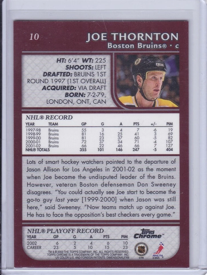 Joe Thornton 2002 Topps Chrome Hockey Card 10 Grade MT - Image 2 of 2
