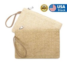 Straw Clutch Bag Bohemian Zipper Wristlet Summer Beach Handbag for Women Girls