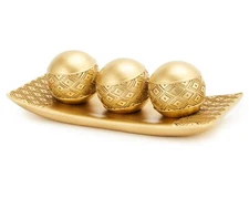 Golden Spheres Orbs Set of 3 with Tray for Centerpiece Table Decoration, Gold...