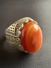 Vintage 925 Sterling Silver Ring Natural Aqeeq Yemeni Gemstone Ring Size 10 US