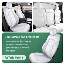 For Tesla Model Y 2023-2024 Car 5-Seat Covers Front&Rear Pad Faux Leather White