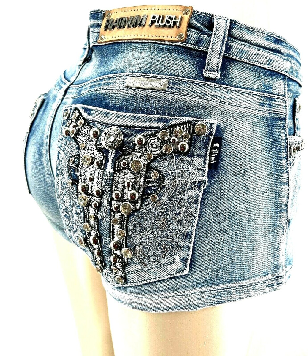 PLATINUM PLUSH LADIES PISTOL BAROQUE RHINESTONE DENIM SHORTS