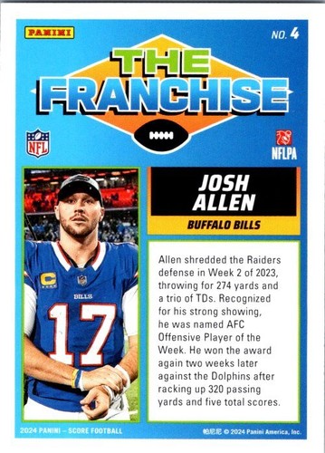 2024 Score #4 Josh Allen The Franchise football card 9DDDD - Picture 2 of 2