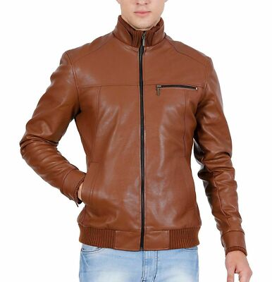 Men's Stylish Bomber Jacket Ribbed Style Genuine Lambskin Leather Casual Outwear