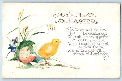 Easter Postcard Baby Chick Hatched Egg Flowers Cattails c1910's Unposted Antique