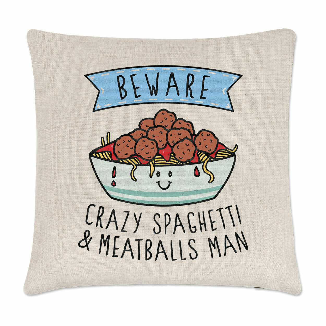Beware Crazy Spaghetti & Meatballs Man Cushion Cover Pillow Funny Food