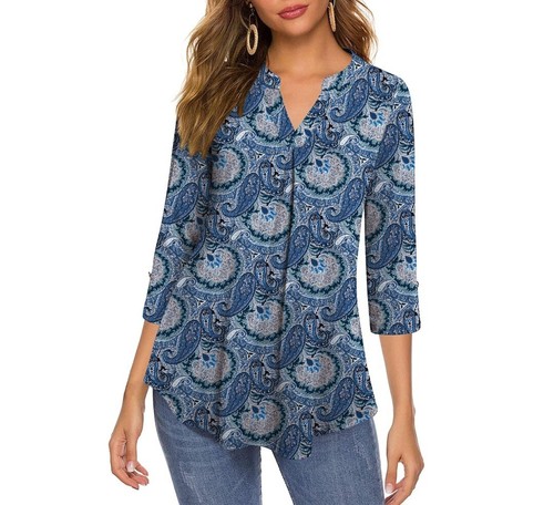 Zenbriele 3/4 Sleeves V Neck Tunic Tops for Women Paisley Printed Folwy Blouse - Picture 2 of 11