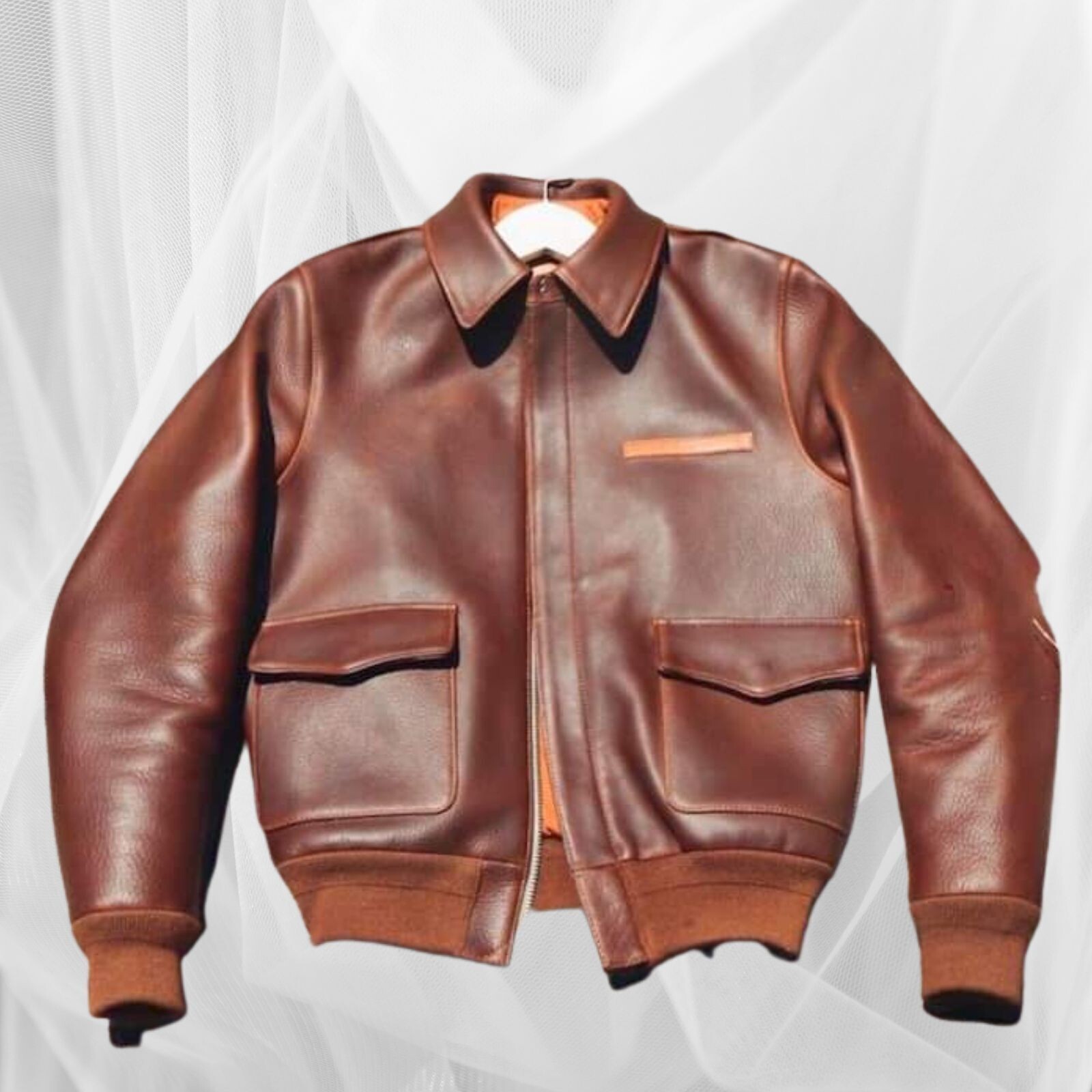 Bomber Jacket Distressed Leather Jacket Mens Real lamb skin coat Two Ton Brown-image