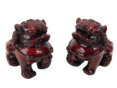 Chinese Guardian Lion Statue Figurine Pair Fu Foo Dog Red Resin Small Feng Shui | eBay