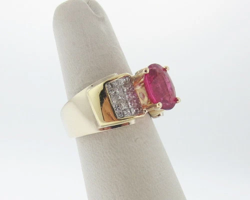 Anillo de cóctel fino de oro macizo de 18k con diamantes de turmalina rosa natural de 4,00 quilates talla 7,5 Foto 3 de 4