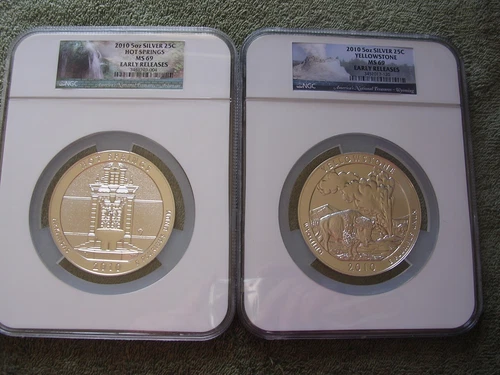 2010 5 OUNCE SILVER HOT SPRINGS & 2010 5 OUNCE SILVER YELLOWSTONE NGC MS69