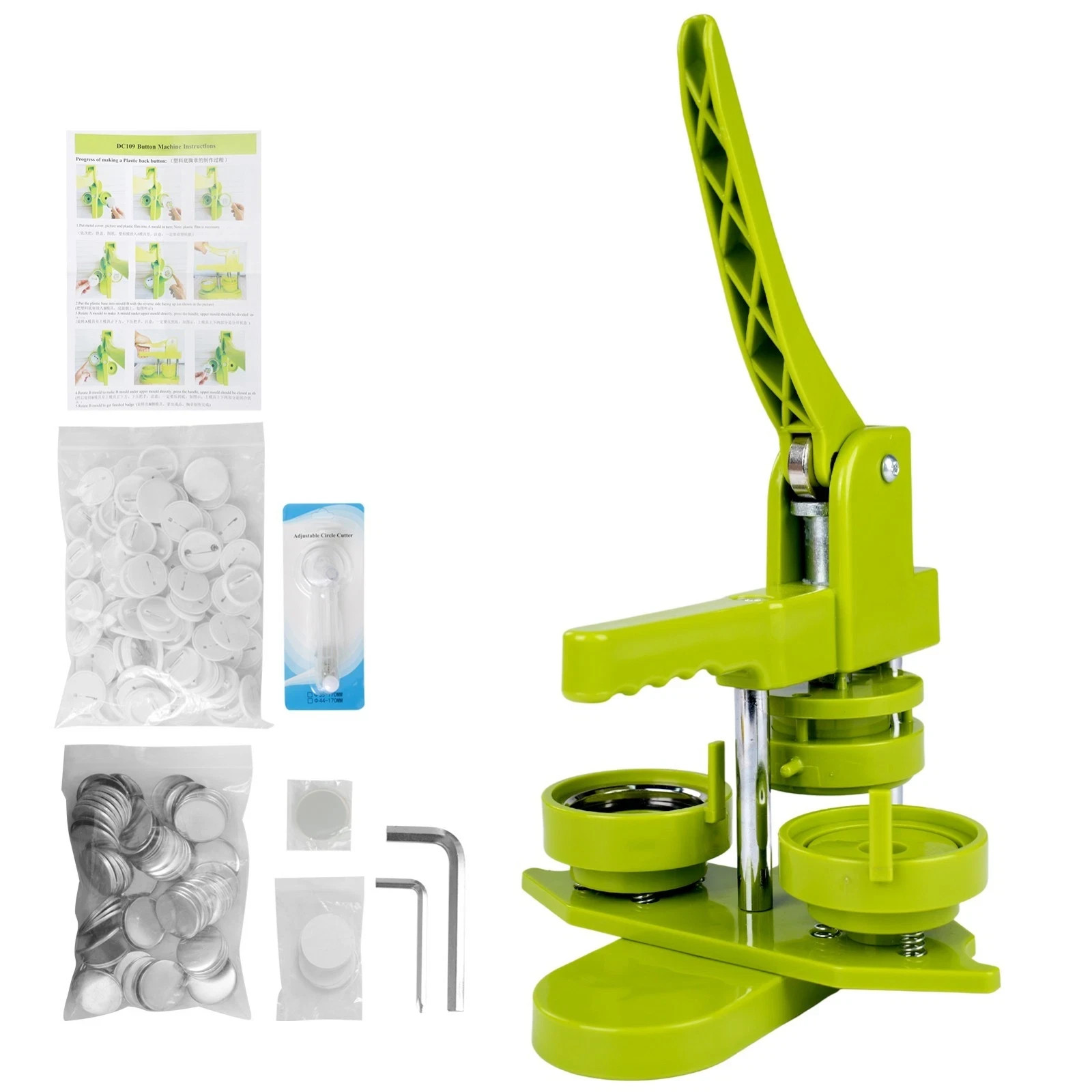 Kit de máquina para hacer pasadores de insignia de botón 25 y 58 mm prensa 100, 200 o 300 juegos verde