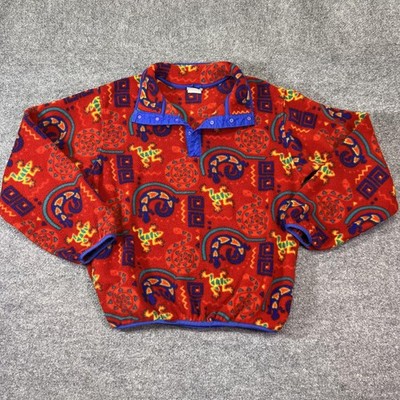 Vintage L.L. Bean Sweatshirt Youth Medium Red Fleece Snap Collar Animal Print