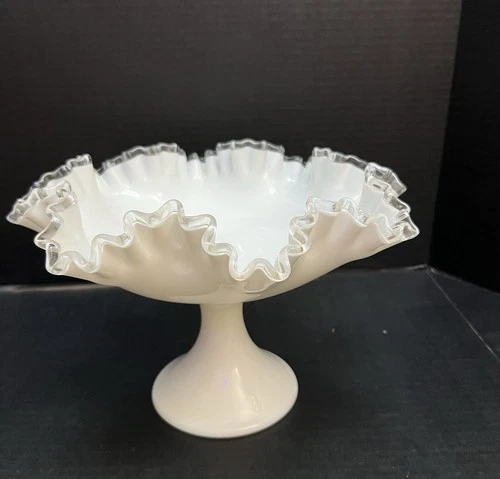 Fenton Silver Crest Milk Glass Ruffled Pedestal Compote Candy Dish Bowl Vintage