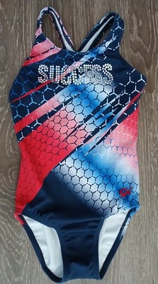 GK Elite Girls Gymnastics Leotard Red White Blue L 12 14 Metallic SUCCESS Accent