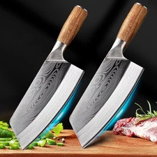 2Pcs Stainless Steel Asian Kitchen Knife 8 in Butcher Chef Cleaver Chopping Meat