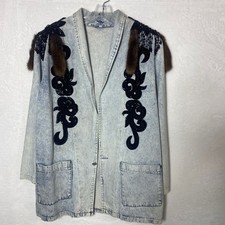 Eclectic VTG Acid Wash Denim Jacket Fur Trim Beaded Sequin Embellished 80s Read