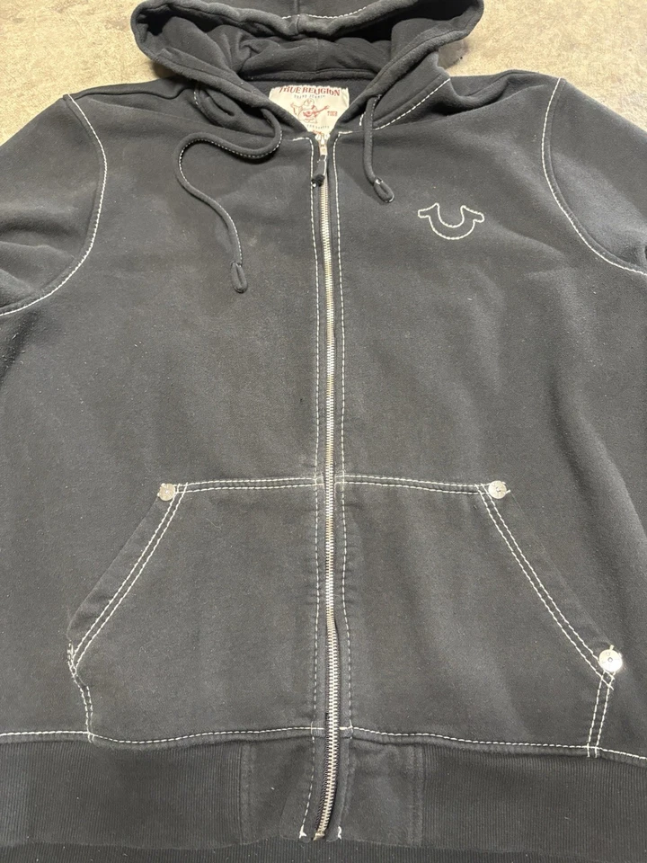 Sudadera con capucha True Religion Big T cremallera completa para hombre 2XL negra logotipo de Buda Y2K ropa de calle Foto 3 de 4