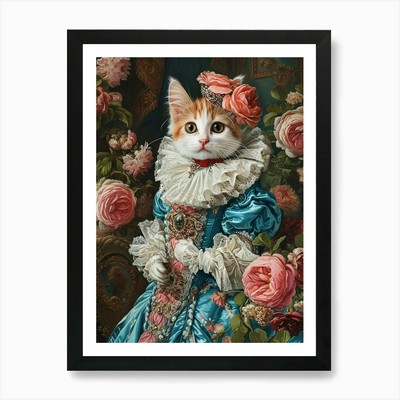 Rokoko Stil Gemälde Katze in blau gerahmt Wandbild Poster Leinwanddruck Bild