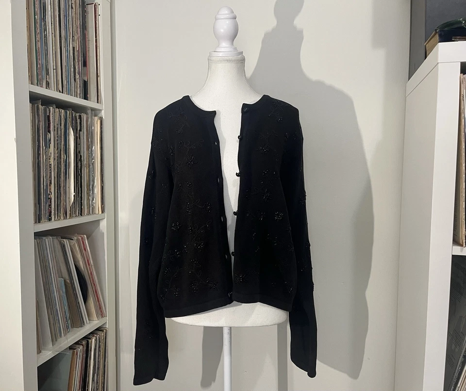Cárdigan De Colección Años 90 Liz Claiborne 100% Algodón Tejido Negro Floral Cuentas Para Mujer’s S Foto 2 de 4