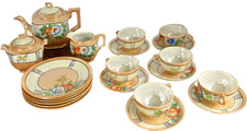 Vintage Japanese Lusterware Tea Set Lot 21 Pieces Hand Painted Flowers Pot Cups 