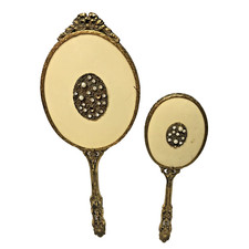 Victorian Revival Vanity Dresser Set Hair Brush Hand Mirror Goldtone VTG 1950s