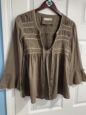 Odd Molly Anthropologie Revival Shirt Blouse Top Smocked Sz 2 Bow On Long Sleeve