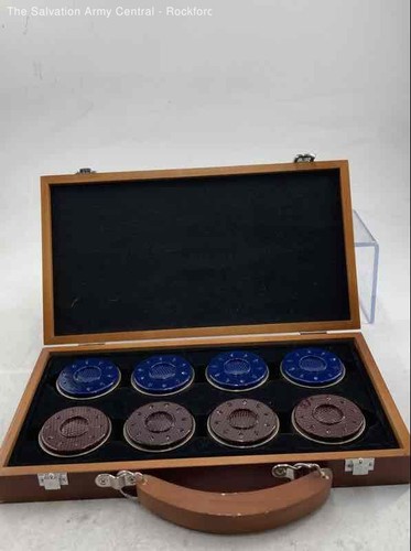 Brown Blue Round Shape Shuffleboard Pucks With Carrying Case Lot Of 8