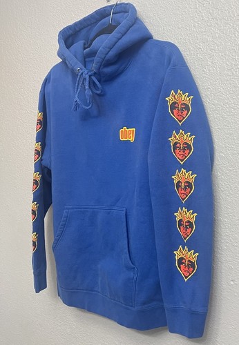 Vintage Obey Hoodie Mens M Blue Sweatshirt Propaganda Skate Punk Emo Sweater Y2K - Picture 4 of 7