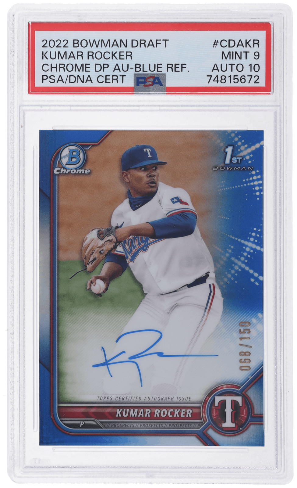 2022 Bowman Draft Kumar Rocker Chrome Auto Blue Refractor #CDAKR /150 PSA 9/10