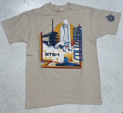 Vintage Columbia STS-1 Space Shuttle T Shirt Men s Beige Short Sleeve Casual