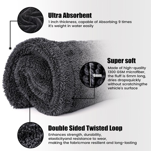 2 Pack 1300 GSM Car Drying Towel, Microfiber Towels for Cars - 36" x 24" & 16... - Picture 4 of 7
