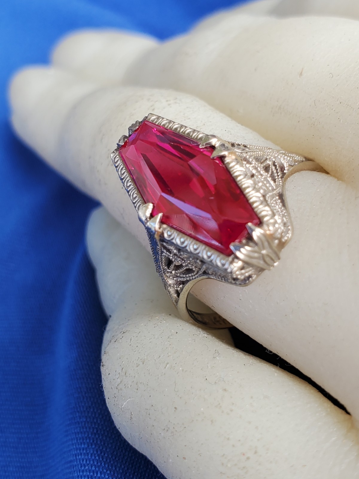 Vintage Deco Ruby Solid 14k White Gold Filigree S… - image 4