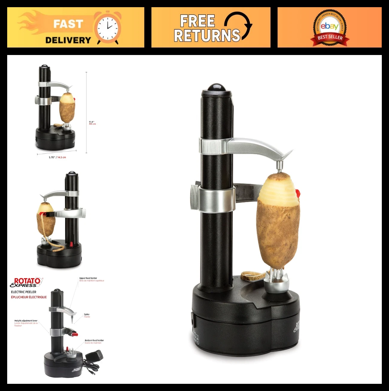 Electric Vegetable & Fruit Peeler - 2 Spare Blades - Safe, Easy, Effortless Use