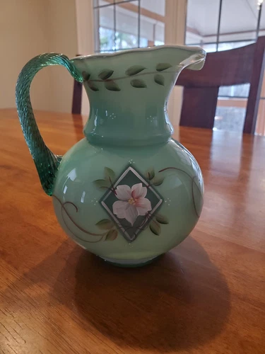 FENTON 75th ANNIVERSARY DIAMOND JUBILEE SPRUCE GREEN PAINTED PITCHER