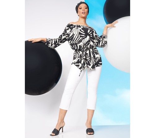 NEW Girl With Curves XL Flounce Hem Knit Top in PearlWhite Palm QVC 8965 - Picture 6 of 9
