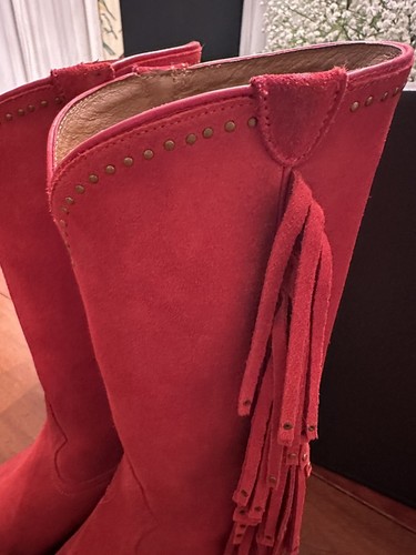 EX FRYE Red Suede SASHA Fringe Cowboy BOOTS WOMENS 9.5 ORIGINAL BOX - Picture 7 of 13