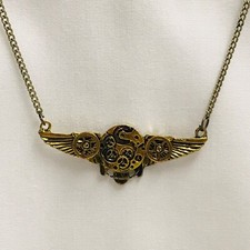 Necklace Steampunk Wings Gears Wheels Amulet Antique Gold Tone 22 EUC Punk