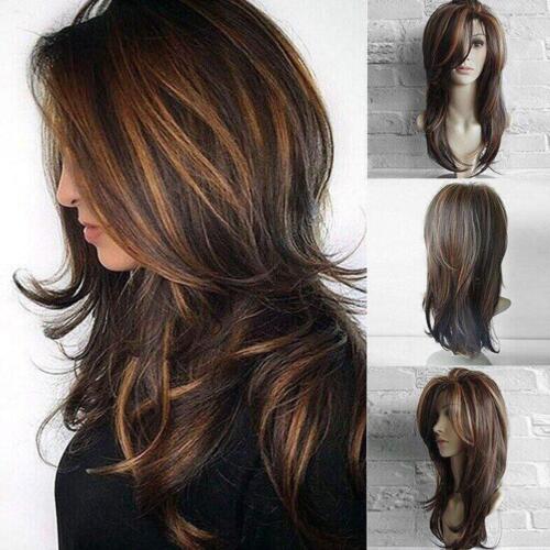 ¡Cabello real! Preciosas pelucas para mujer de mezcla larga marrón cabello liso 2023 humanas AU J7Q5 - Imagen 1 de 10