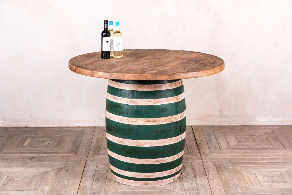 VINTAGE WOODEN BARREL TABLE ROUND DINING TABLE WITH BARREL BASE