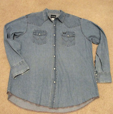 Wrangler Mens 2XT Denim Pearl Snap Button Up Shirt Casual Blue Long Sleeve